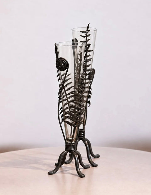 Vintage Fern and Fiddlehead Metal Stand Glass Vases