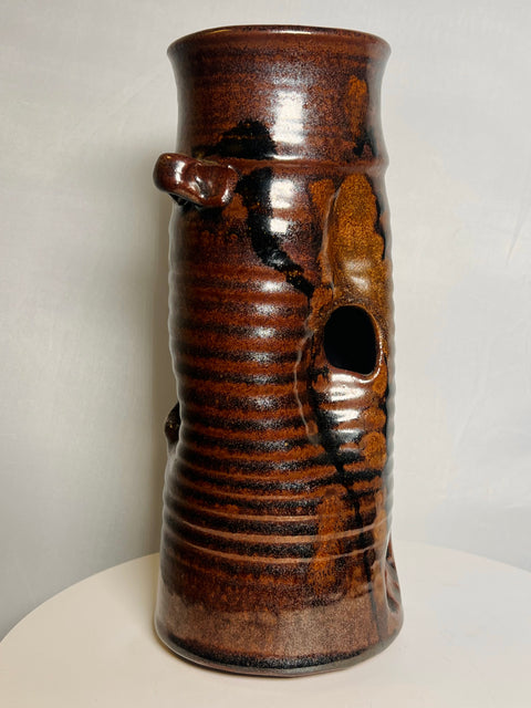 Signed Brown Glazed Clay Vase