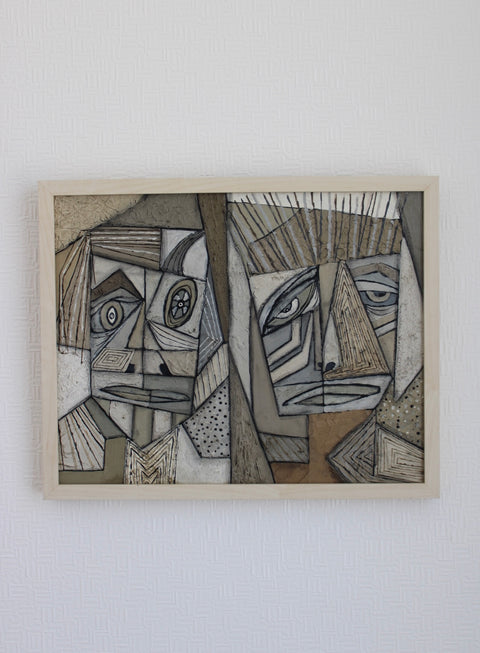 Angela Dickerson Pale Twin Faces Original Framed Artwork