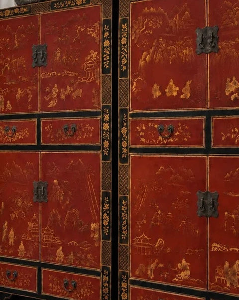 Pair of Red Antique Chinese Lacquer Chinoiserie Cabinets with Gilt Decoration