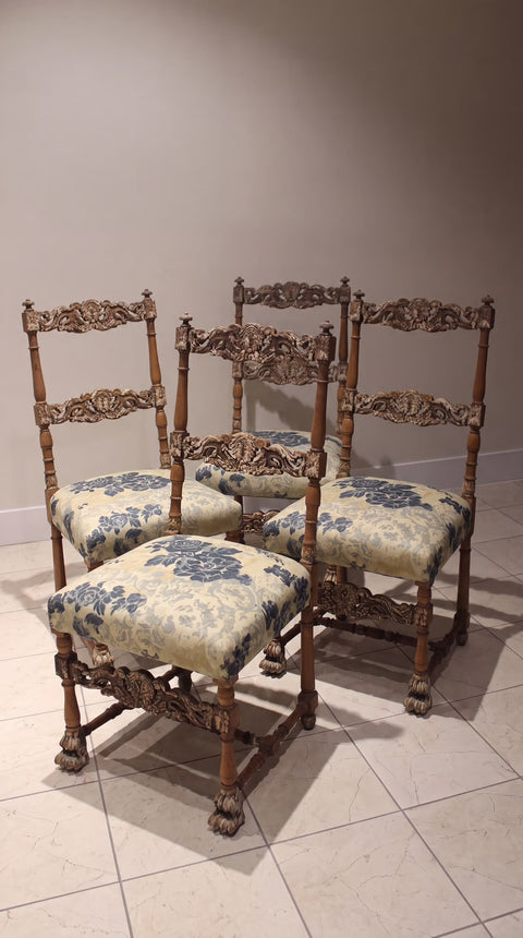 Set of 4 Antique Ornately Carved Floral Upholstered Chair