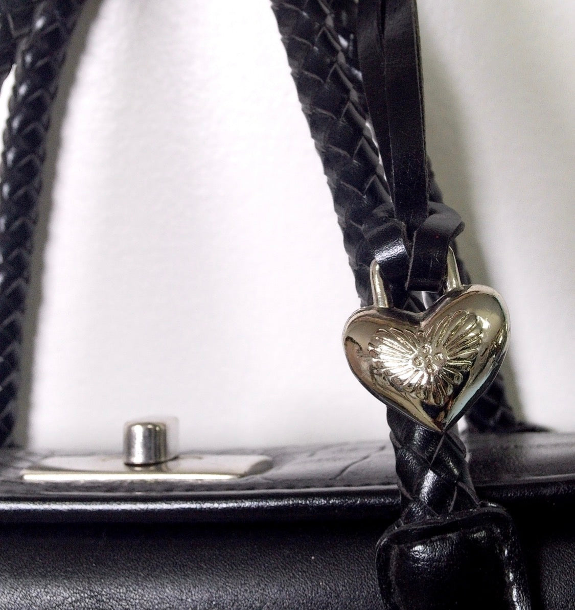 Pre Owned Brighton Black Leather Doctor Bag | Cherub & Heart Silver Concho Hardware | Braided Handles | 90s (Y2K Vintage)