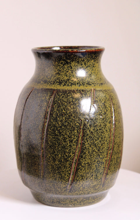 Carved Green Speckled Studio Pottery Vase