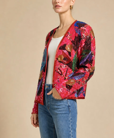 Red Sequin Floral Cardigan