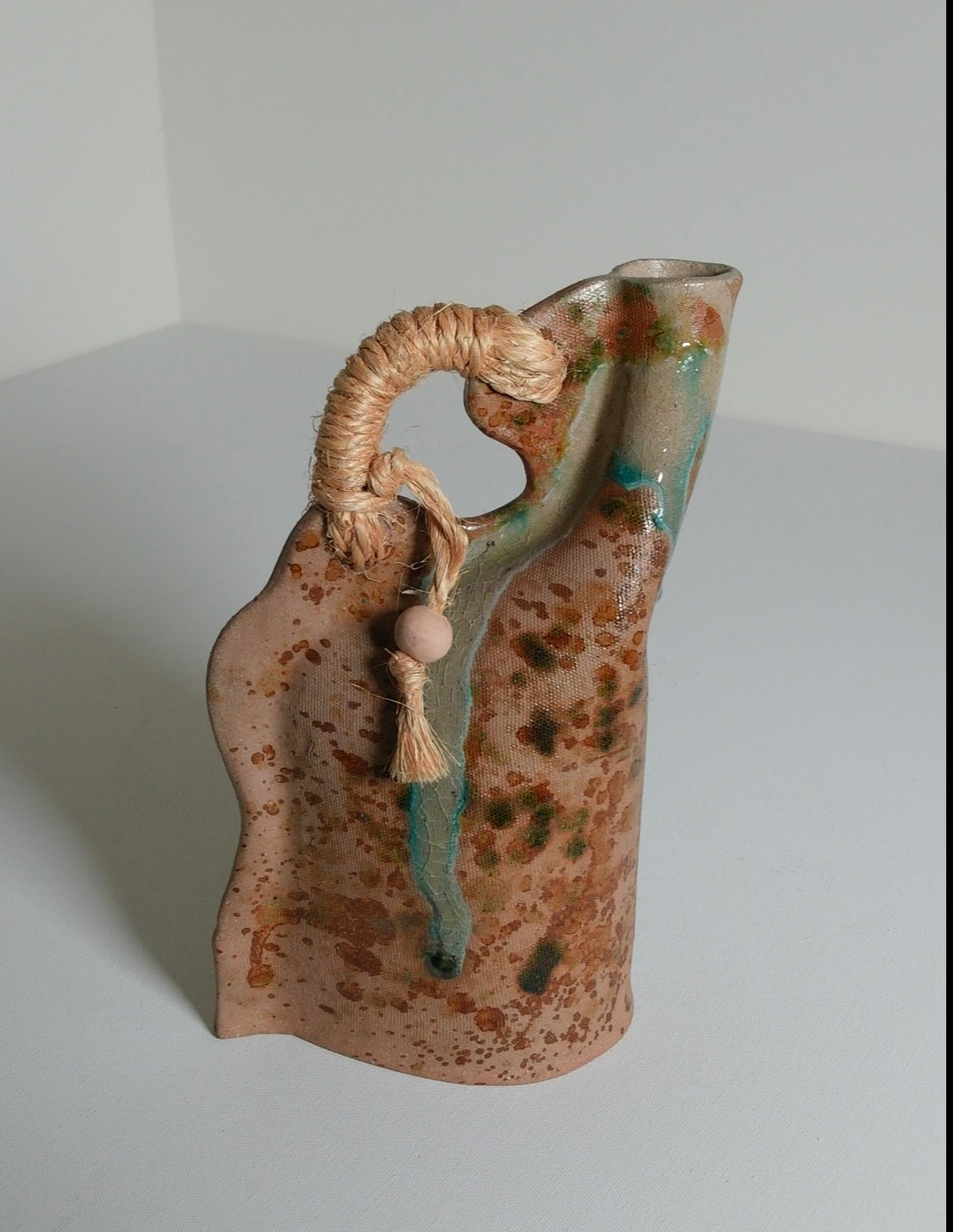 Handmade Drip Glaze Ceramic Vase with Rope Handle - Vintage