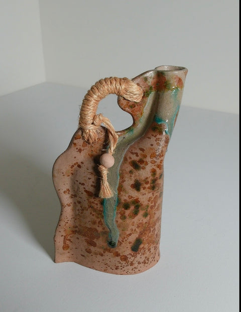 Handmade Drip Glaze Ceramic Vase with Rope Handle - Vintage