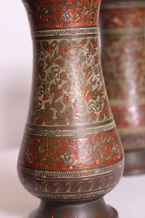 Pair of Red Floral Brass Vases