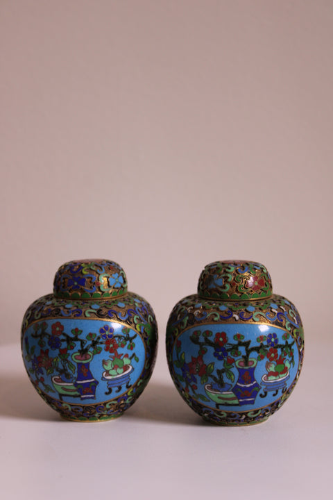 Vintage Chinese Cloisonné Mini Ginger Jar Pair