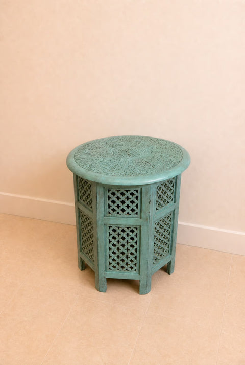 Vintage Hand-Carved Moroccan Round Accent Table | Turquoise  Wood Side Table