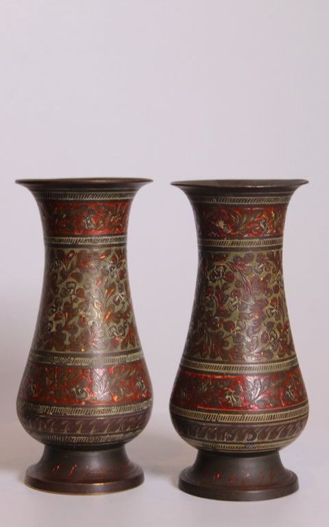 Pair of Red Floral Brass Vases