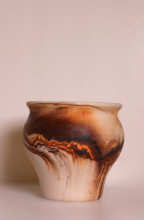 Vintage Nemadji Pottery Squat Vase Orange Black Flame Swirl Marbled Clay