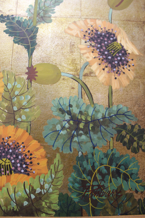 Vintage Japanese Floral Screen Panel with White Flowers