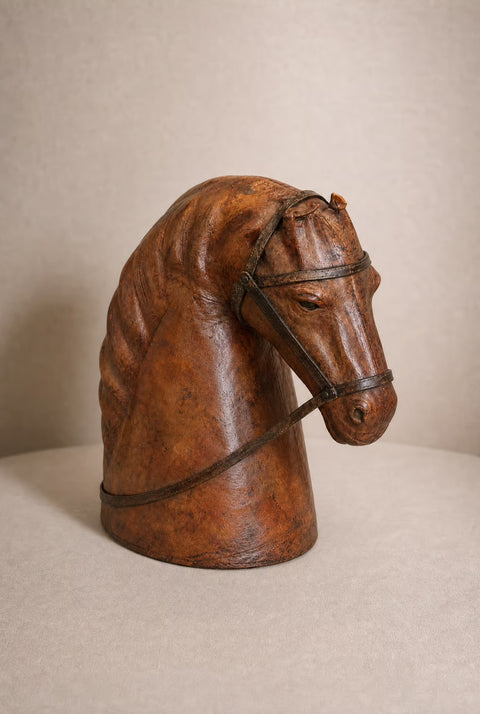 Vintage Brown Leather Horse Head Bust | Equestrian Decor Sculpture