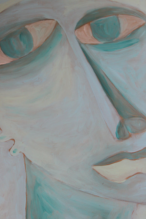 Teal Expressionist Face with Hands Painting