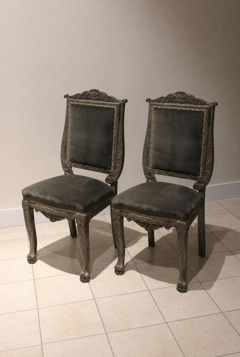 Vintage Carved Suede Side Chairs (Pair) | French Style Accent Chairs