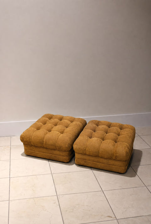 Vintage Pair of 1960s Biscuit Trigger Carmel Ultra Suede Ottomans