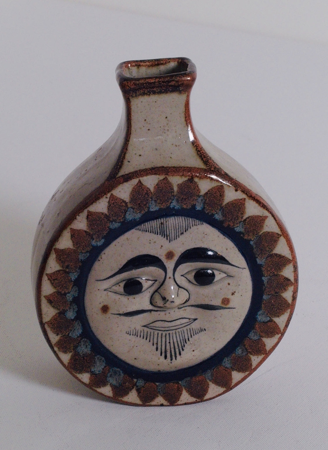 “Jorge Wilmot” Tonalá Vintage Pottery Vase – Sun & Moon Double-Sided Mexican Stoneware