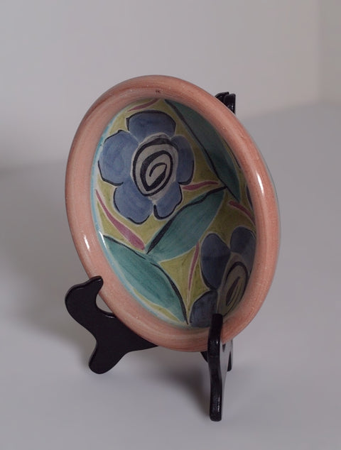 Vintage Mexican Hand-Painted Blue Floral Pottery Bowl | Folk Art Ceramic Dish