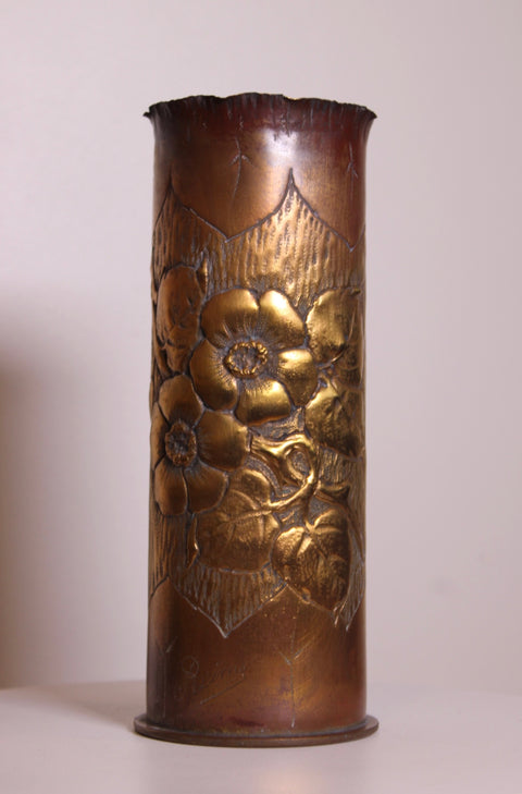 Vintage WWI Style Trench Art Brass Vase | Hand Engraved Artillery Shell Casing Decor