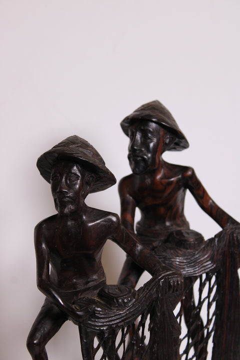 Hand Carved Wood Fishermen Sculpture