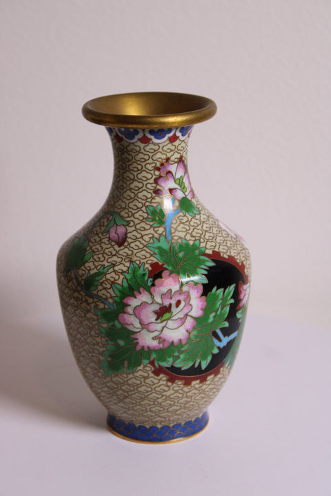 Vintage Chinese Cloisonné Peony Vase – White Enamel Ground