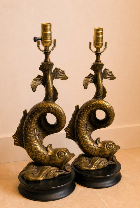 Pair of Vintage 1950s Japanese Koi Fish Table Lamps – Hollywood Regency Brass Sculptural Lamps