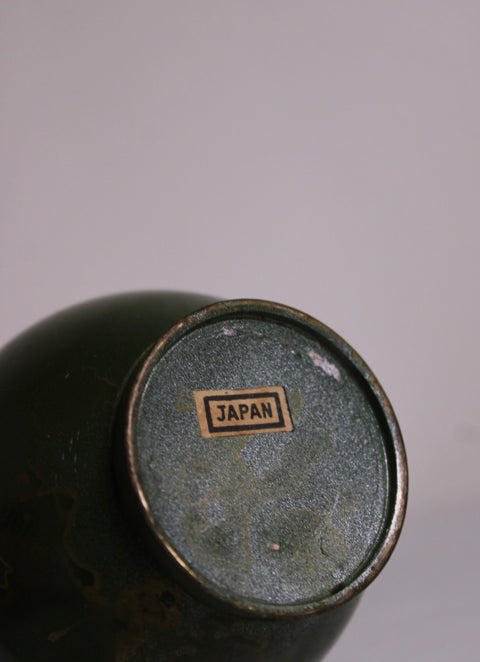 Set of Three Vintage Patinated Metal Bud Vases Green Turquoise Brown