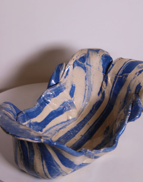 Folded Sculptural Blue Striped Ceramic Bowl