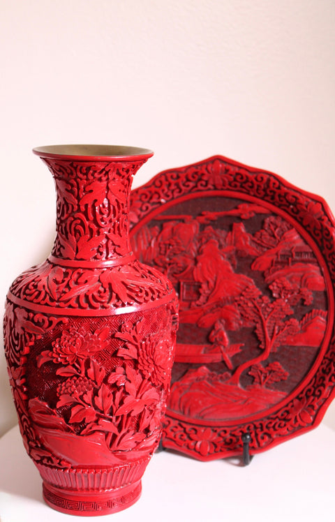 Vintage Red Cinnabar Style Carved Vase and Tray Set