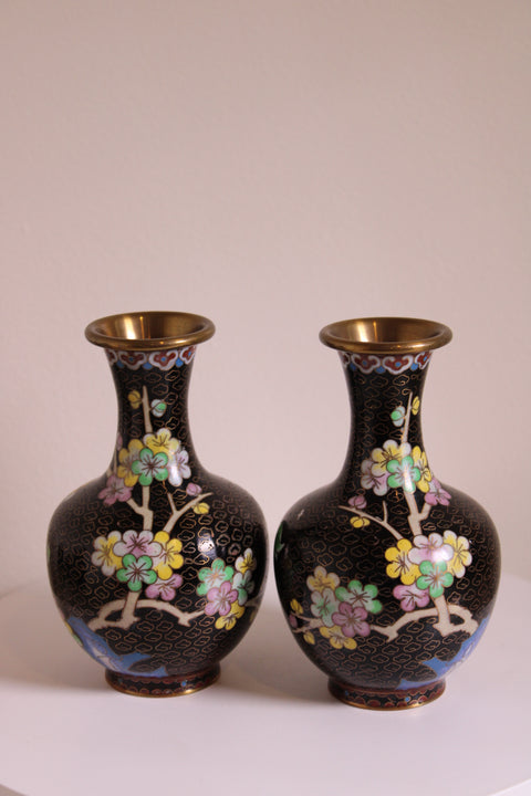 Vintage Chinese Cloisonné Blossom Vase Pair