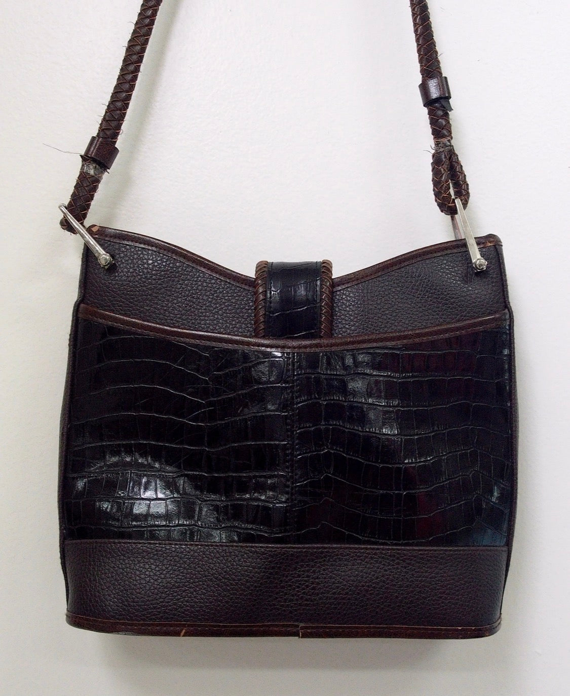 Pre Owned Brighton Black Croc Embossed Leather Crossbody | Silver Heart Hardware | Braided Strap | 90s (Y2K Vintage)