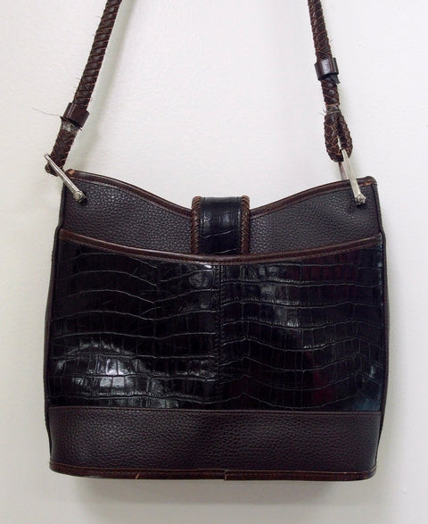 Pre Owned Brighton Black Croc Embossed Leather Crossbody | Silver Heart Hardware | Braided Strap | 90s (Y2K Vintage)
