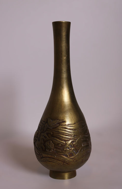 Pair of Etched Brass Bottle Vases