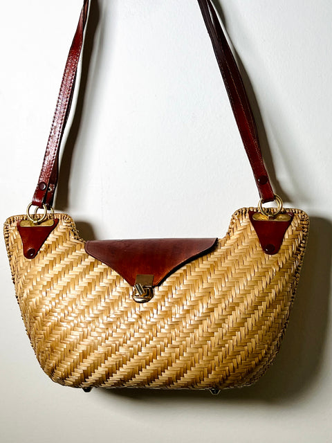 Woven Straw Crescent Shoulder Bag with Brown Trim
