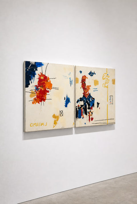 Vintage Abstract Diptych Painting – Primary Color Mixed Media Canvas Wall Art