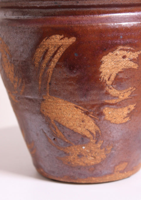 Brown Glazed Relief Studio Pottery Planter
