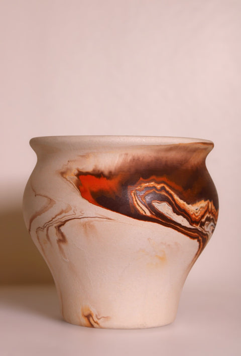Vintage Nemadji Pottery Squat Vase Orange Black Flame Swirl Marbled Clay