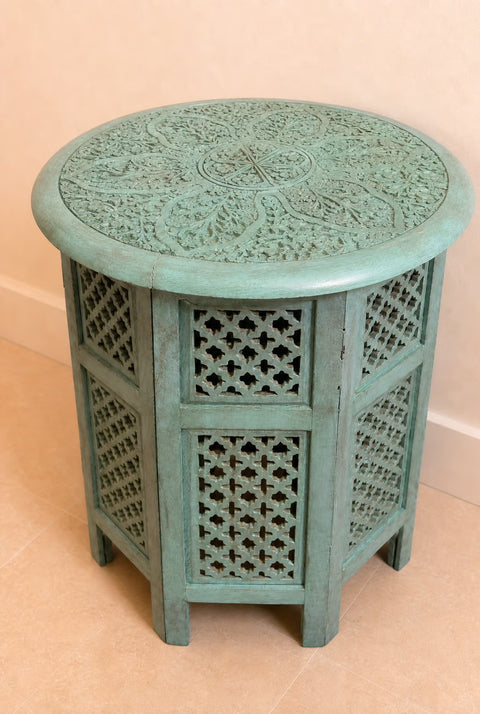 Vintage Hand-Carved Moroccan Round Accent Table | Turquoise  Wood Side Table