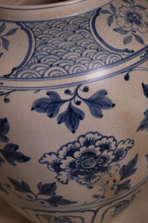 Vintage Large Blue and White Porcelain Planter Jar Floral Chinoiserie Vessel
