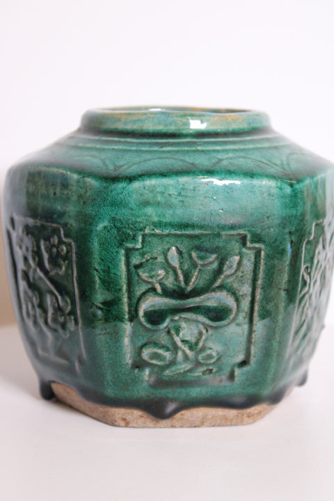 Vintage Chinese Turquoise Ginger Jar | Hexagonal Earthenware Vessel