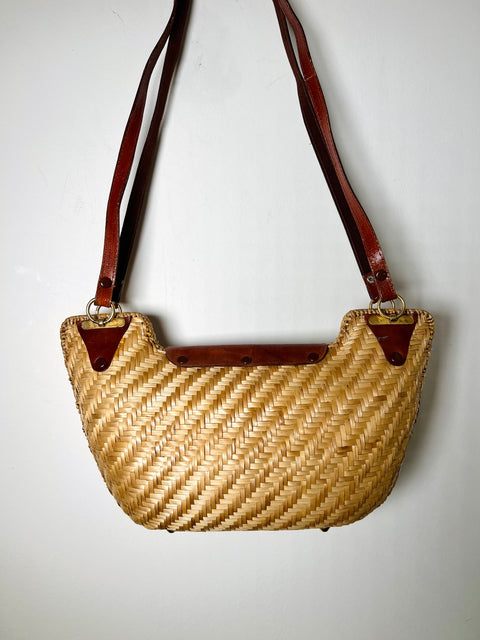 Woven Straw Crescent Shoulder Bag with Brown Trim