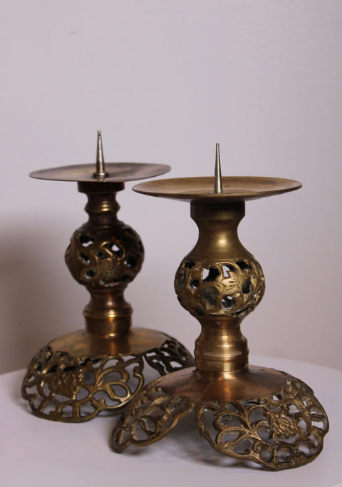 Pair of Floral Engraved Brass Candlesticks