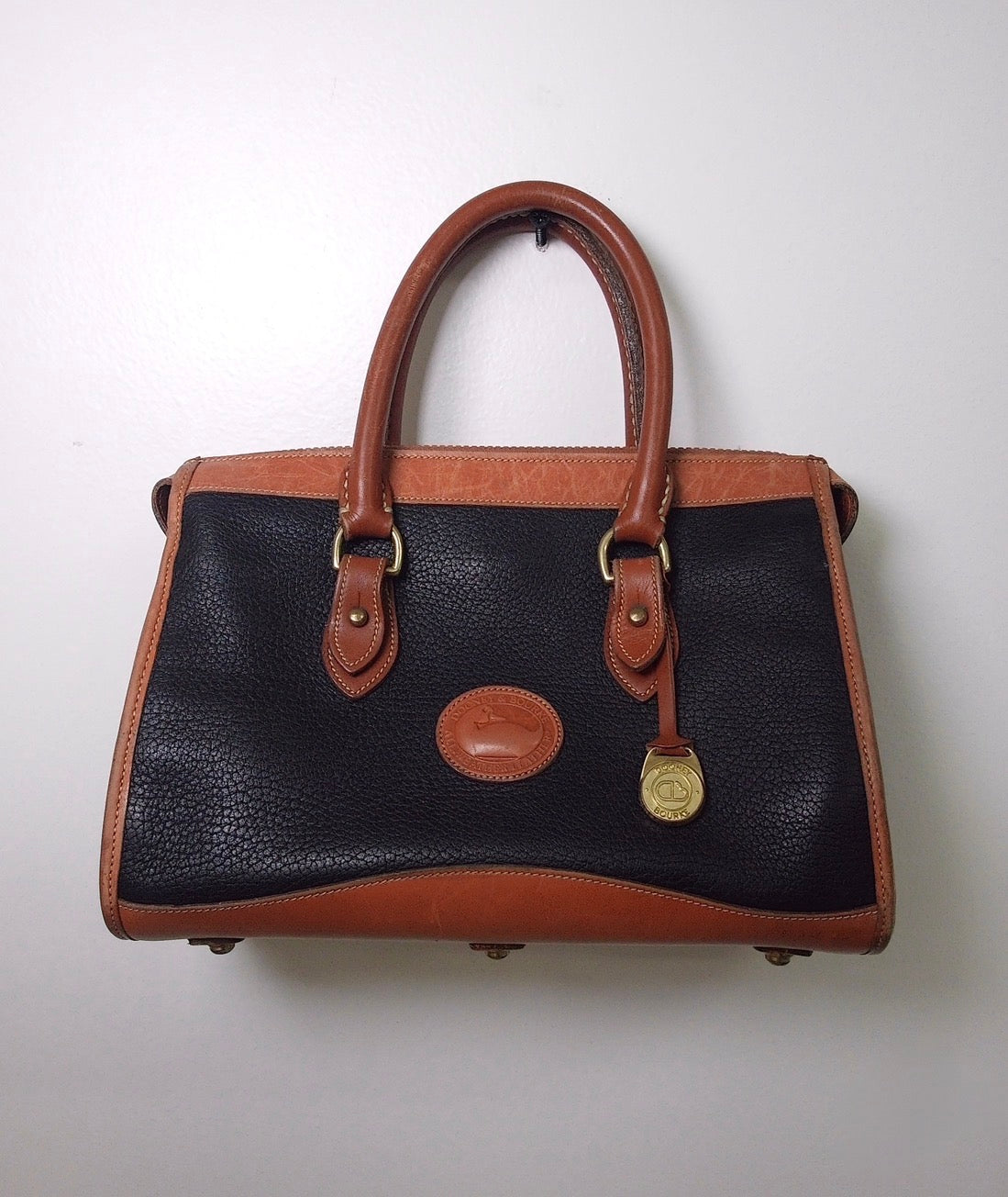 Pre Owned Dooney & Bourke All Weather Leather Satchel | Black & British Tan | Duck Fob (Vintage)