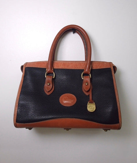 Pre Owned Dooney & Bourke All Weather Leather Satchel | Black & British Tan | Duck Fob (Vintage)