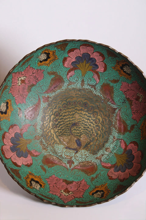 Large Peacock Floral Cloisonne Style Tray