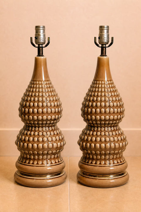Pair of Brown Hobnail Ceramic Table Lamps