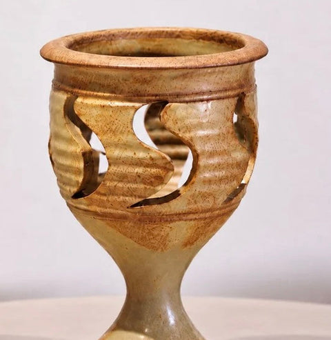 Earth-Tone Pierced Pottery Pedestal Candle Holder