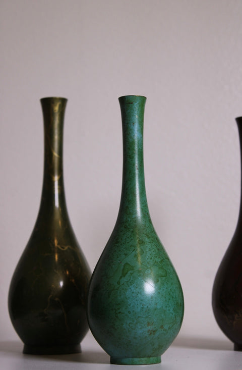 Set of Three Vintage Patinated Metal Bud Vases Green Turquoise Brown