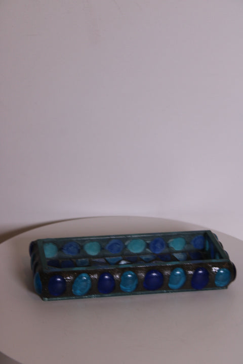 Vintage Handcrafted Blue Mosaic Glass Catchall Tray