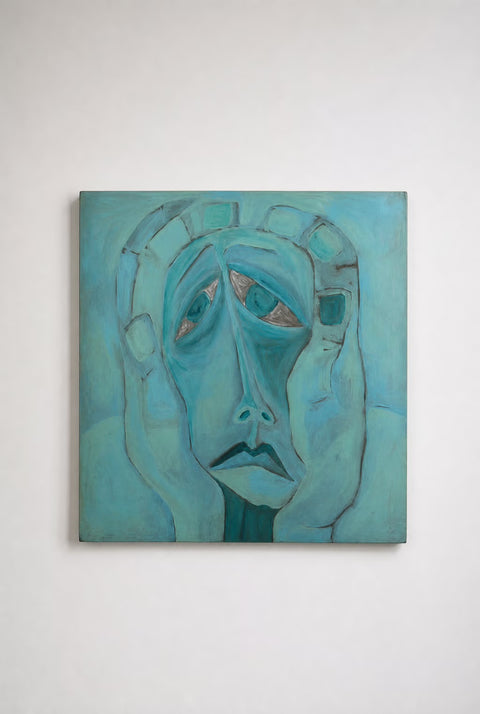 Teal Expressionist Face with Hands Painting